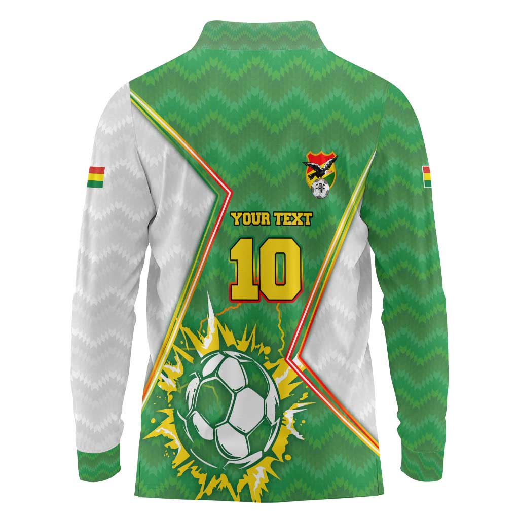 Personalized Bolivia La Verde Soccer Long Sleeve Polo Shirt with Number and Flaming Ball Graphic TS04
