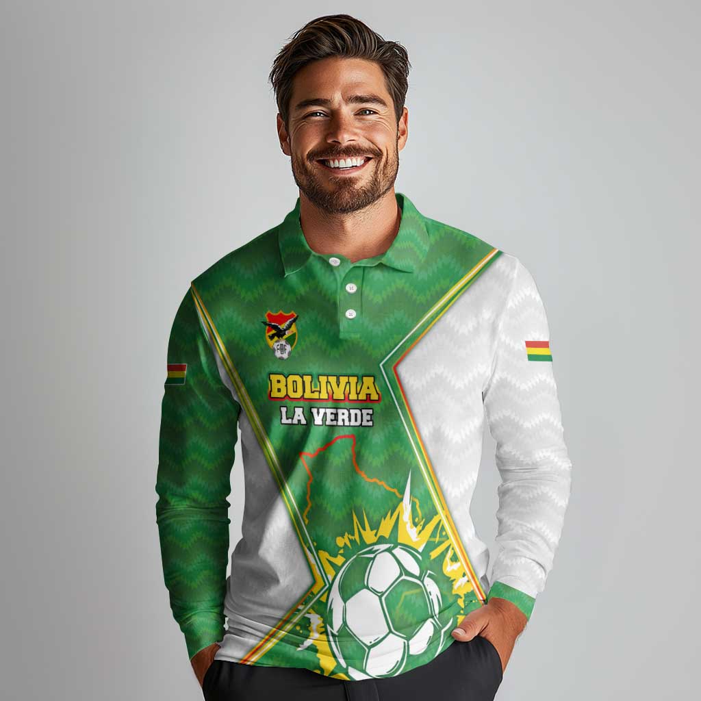 Personalized Bolivia La Verde Soccer Long Sleeve Polo Shirt with Number and Flaming Ball Graphic