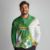 Personalized Bolivia La Verde Soccer Long Sleeve Polo Shirt with Number and Flaming Ball Graphic