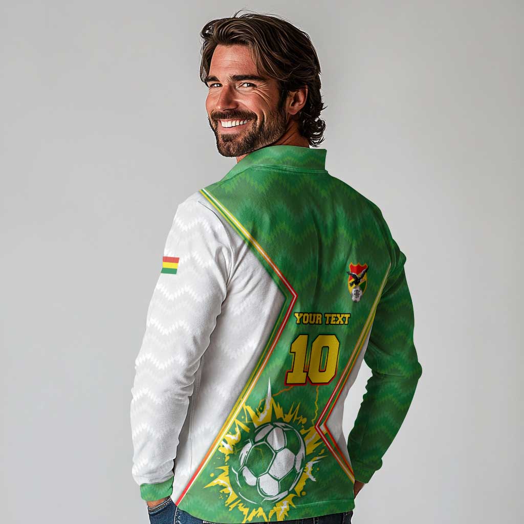 Personalized Bolivia La Verde Soccer Long Sleeve Polo Shirt with Number and Flaming Ball Graphic TS04