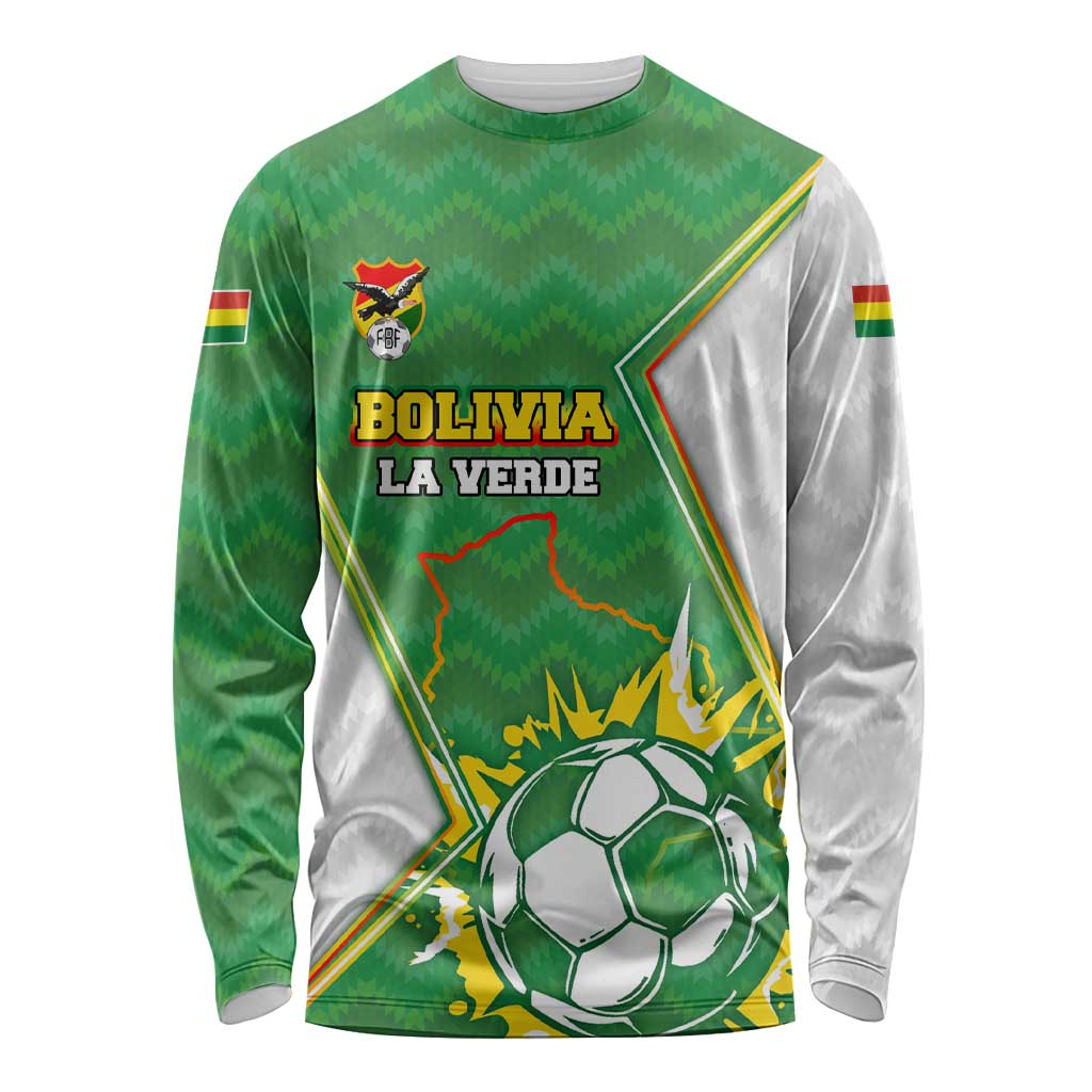 Personalized Bolivia La Verde Soccer Long Sleeve Shirt with Number and Flaming Ball Graphic