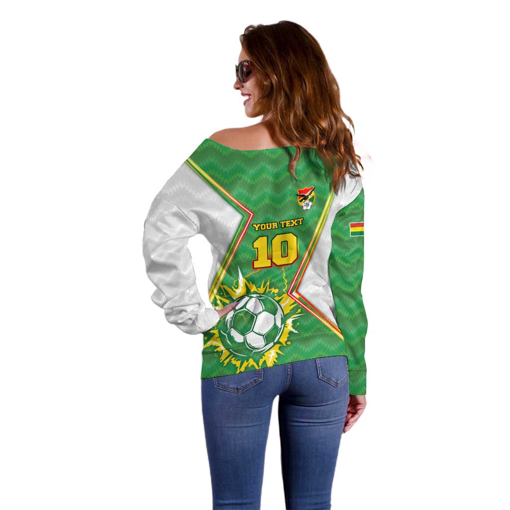 Personalized Bolivia La Verde Soccer Off Shoulder Sweater with Number and Flaming Ball Graphic TS04