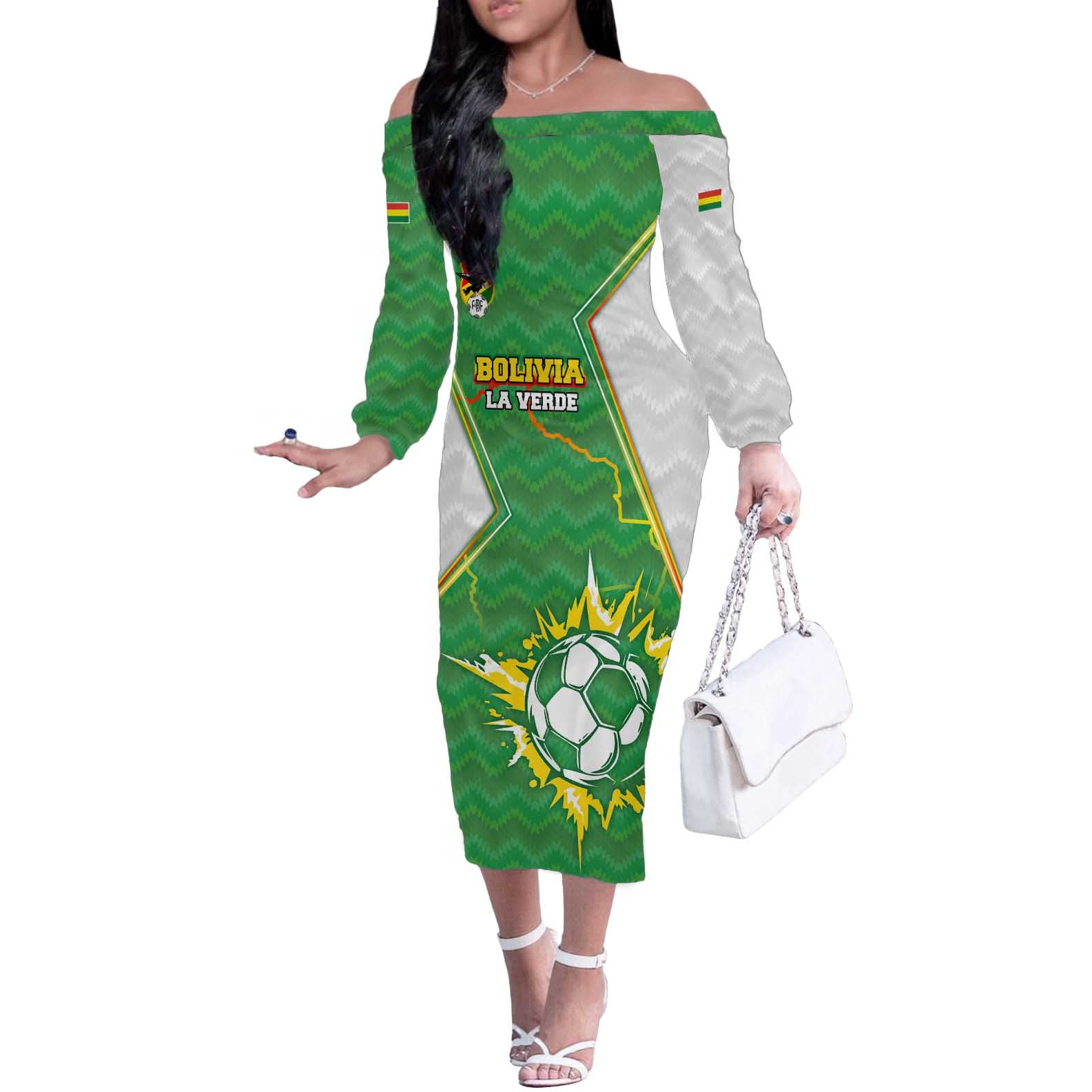 Personalized Bolivia La Verde Soccer Off The Shoulder Long Sleeve Dress with Number and Flaming Ball Graphic