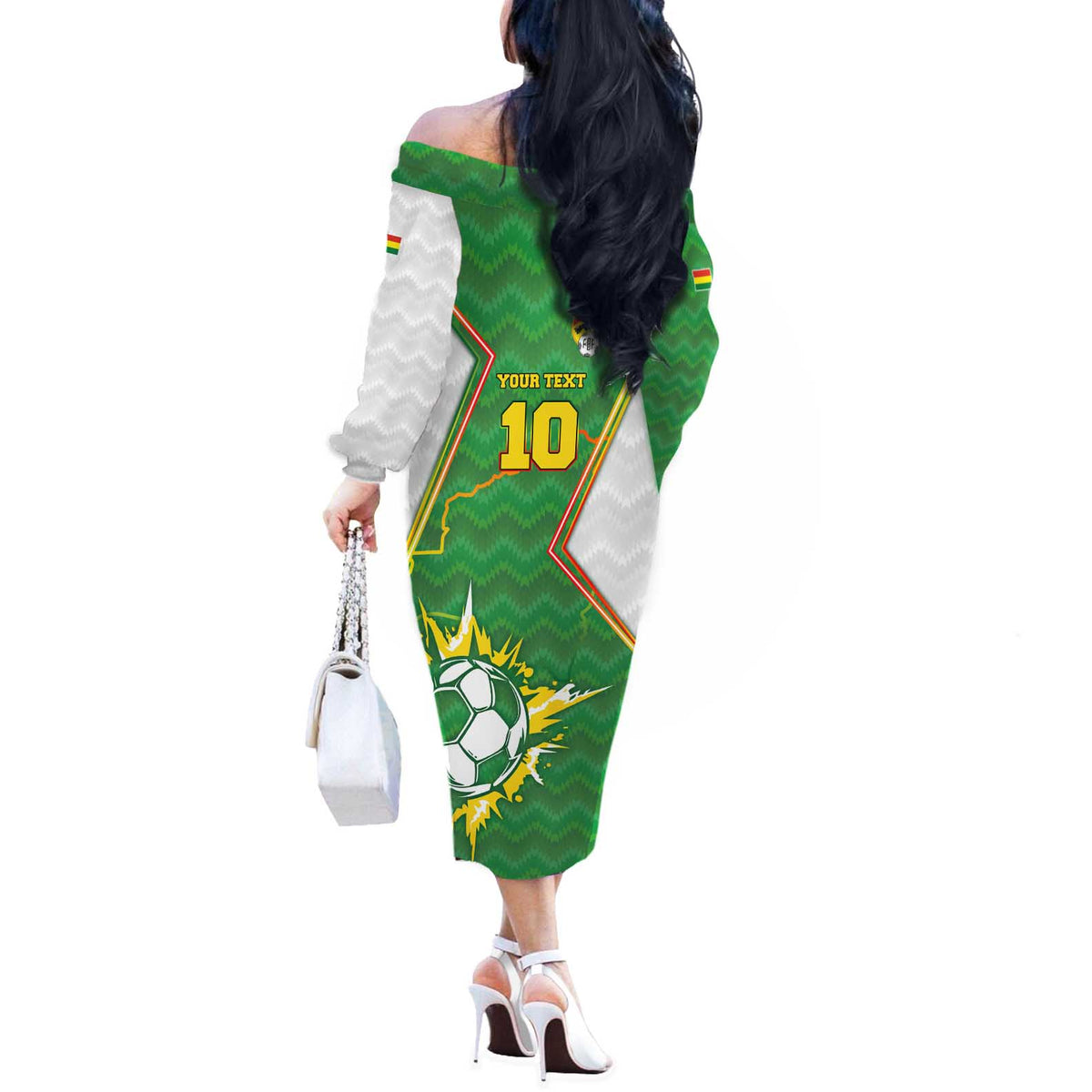 Personalized Bolivia La Verde Soccer Off The Shoulder Long Sleeve Dress with Number and Flaming Ball Graphic TS04