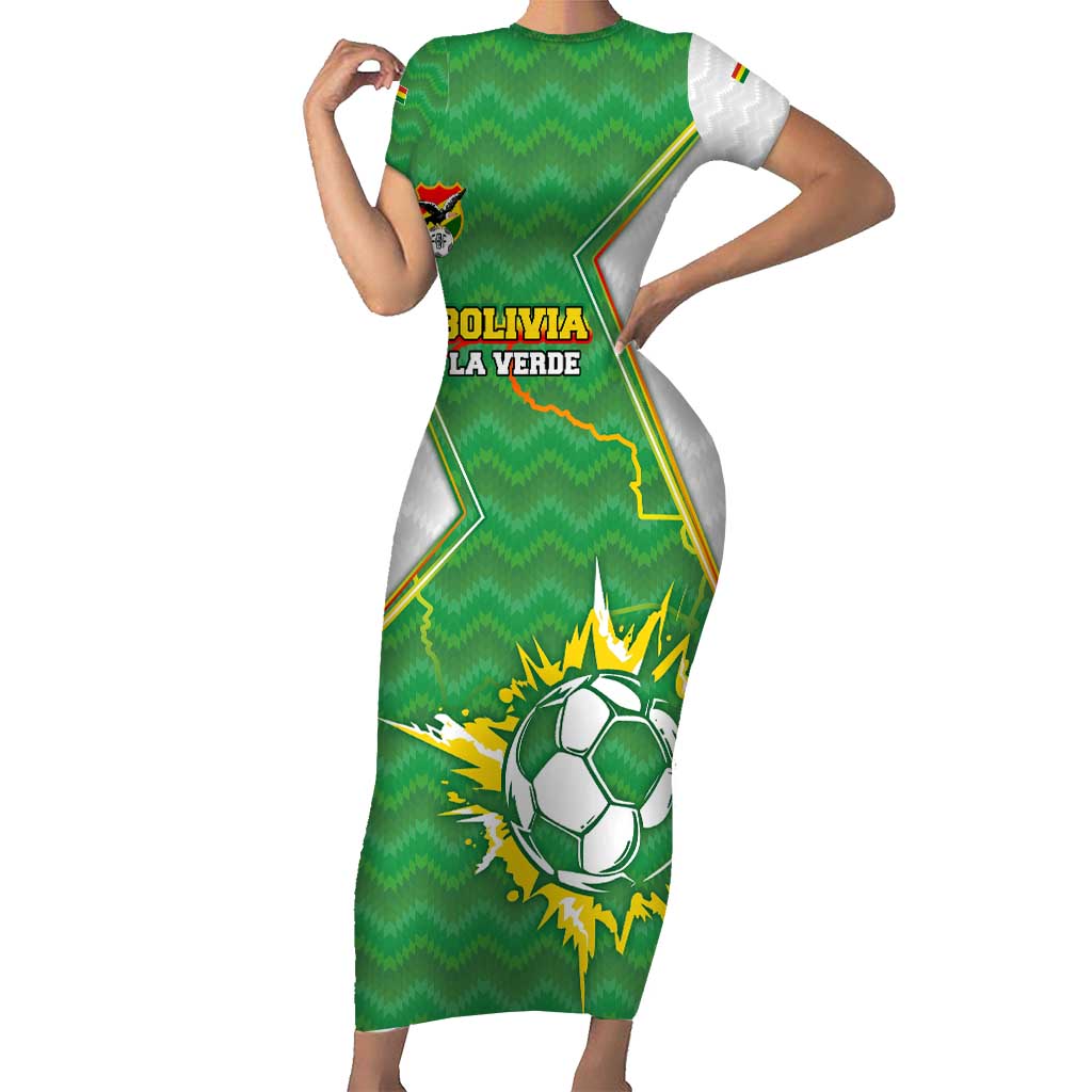 Personalized Bolivia La Verde Soccer Short Sleeve Bodycon Dress with Number and Flaming Ball Graphic