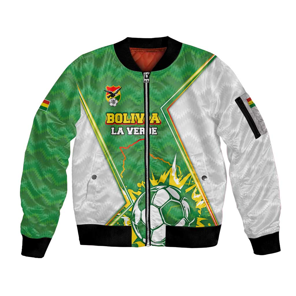 Personalized Bolivia La Verde Soccer Sleeve Zip Bomber Jacket with Number and Flaming Ball Graphic