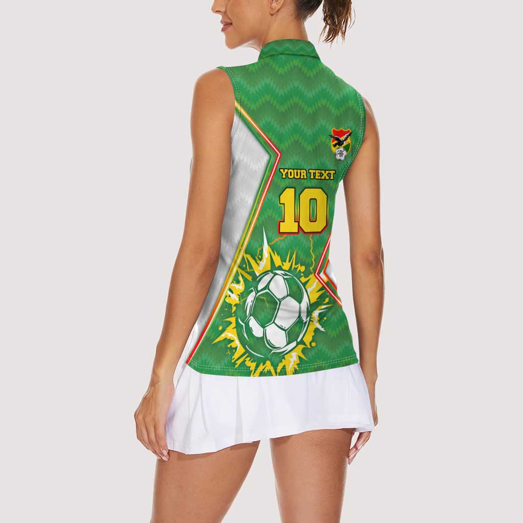 Personalized Bolivia La Verde Soccer Women Sleeveless Polo Shirt with Number and Flaming Ball Graphic TS04