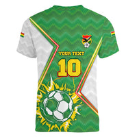 Personalized Bolivia La Verde Soccer Women V-Neck T-Shirt with Number and Flaming Ball Graphic TS04