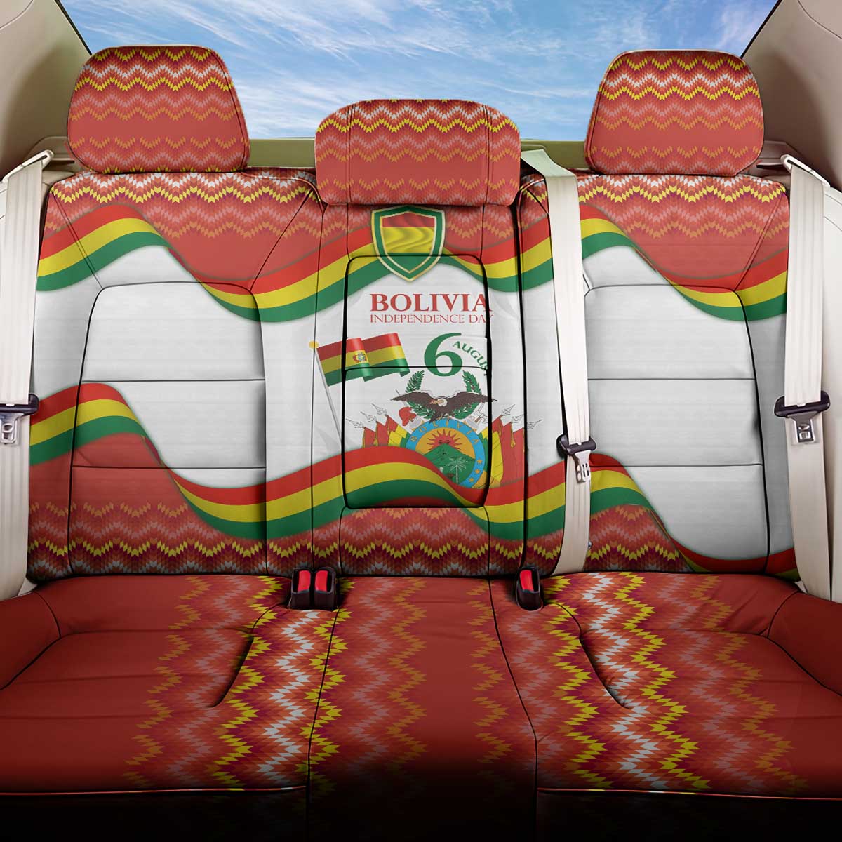 Bolivia Independence Day Back Car Seat Cover with Flag Colors and August 6 Celebration Design