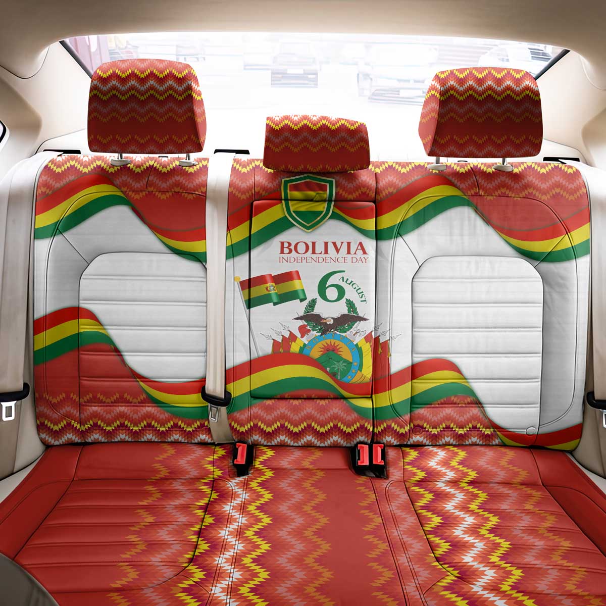 Bolivia Independence Day Back Car Seat Cover with Flag Colors and August 6 Celebration Design