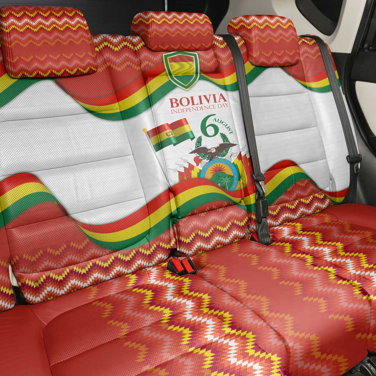 Bolivia Independence Day Back Car Seat Cover with Flag Colors and August 6 Celebration Design