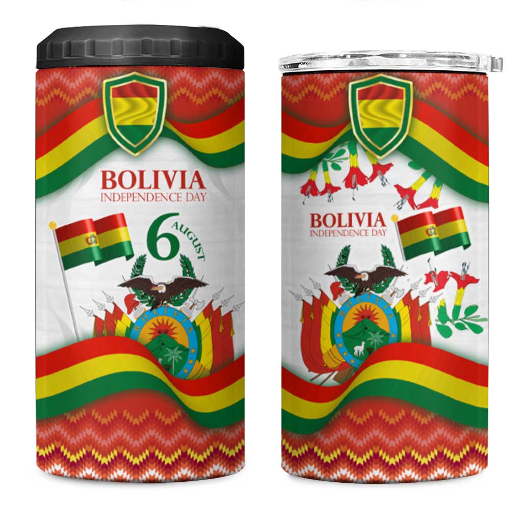 Bolivia Independence Day 4 in 1 Can Cooler Tumbler with Flag Colors and August 6 Celebration Design