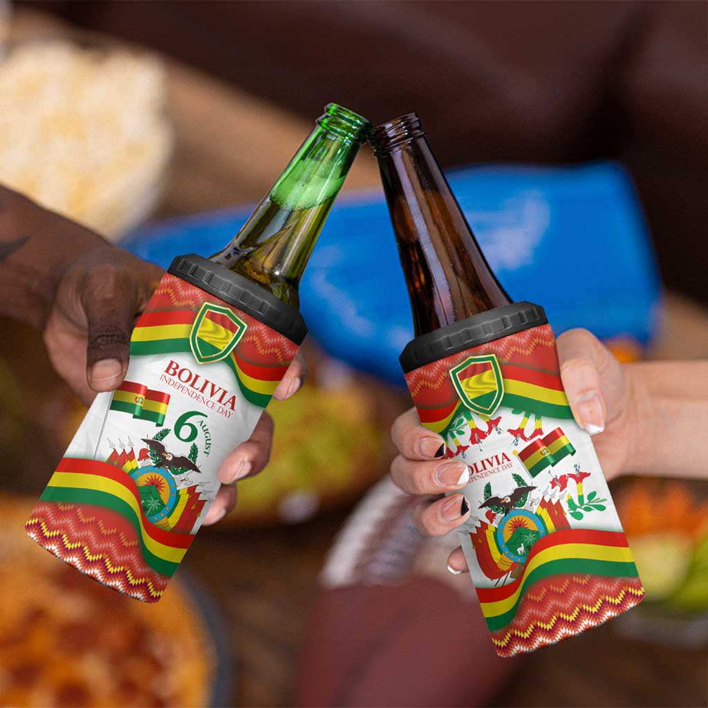 Bolivia Independence Day 4 in 1 Can Cooler Tumbler with Flag Colors and August 6 Celebration Design