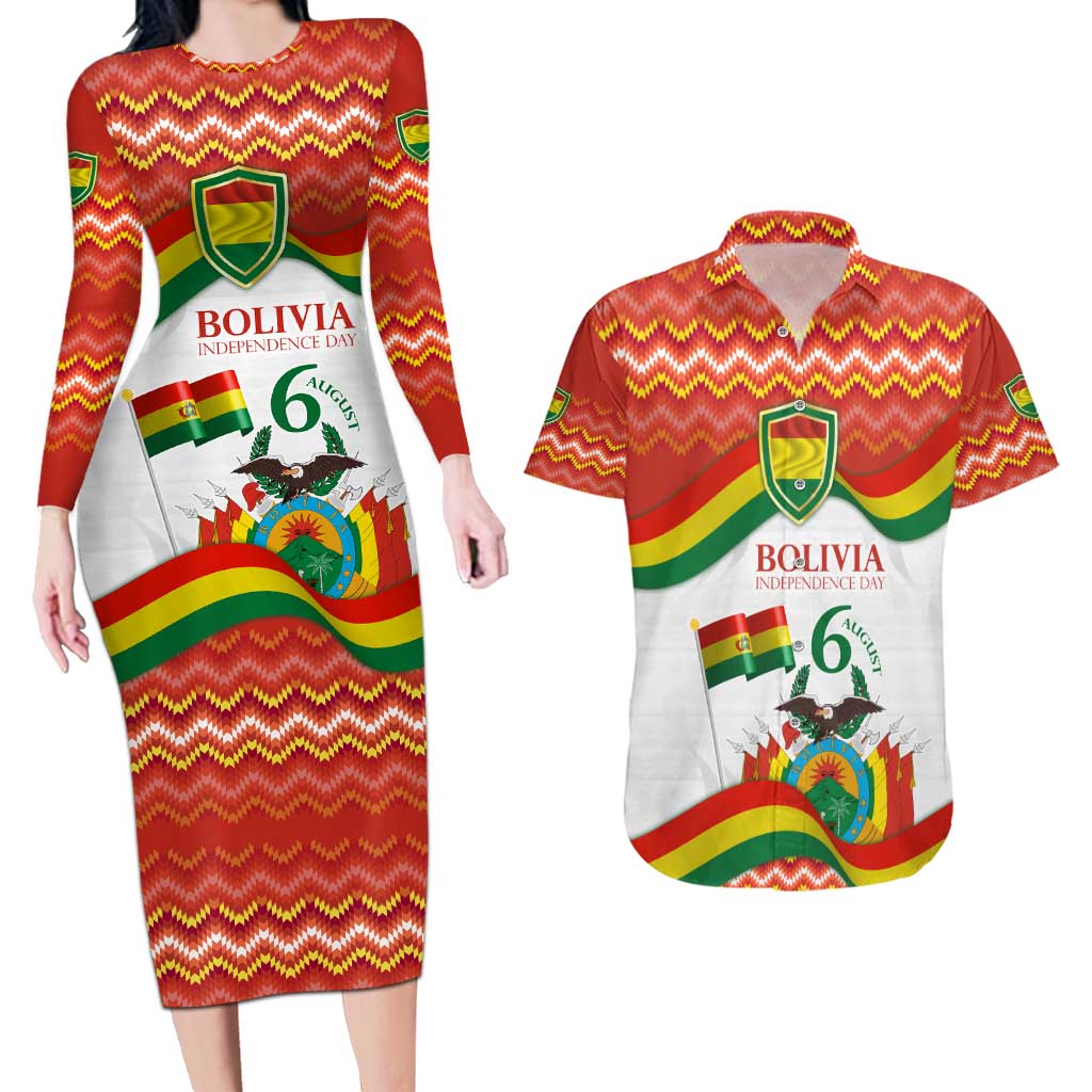Bolivia Independence Day Couples Matching Long Sleeve Bodycon Dress and Hawaiian Shirt with Flag Colors and August 6 Celebration Design