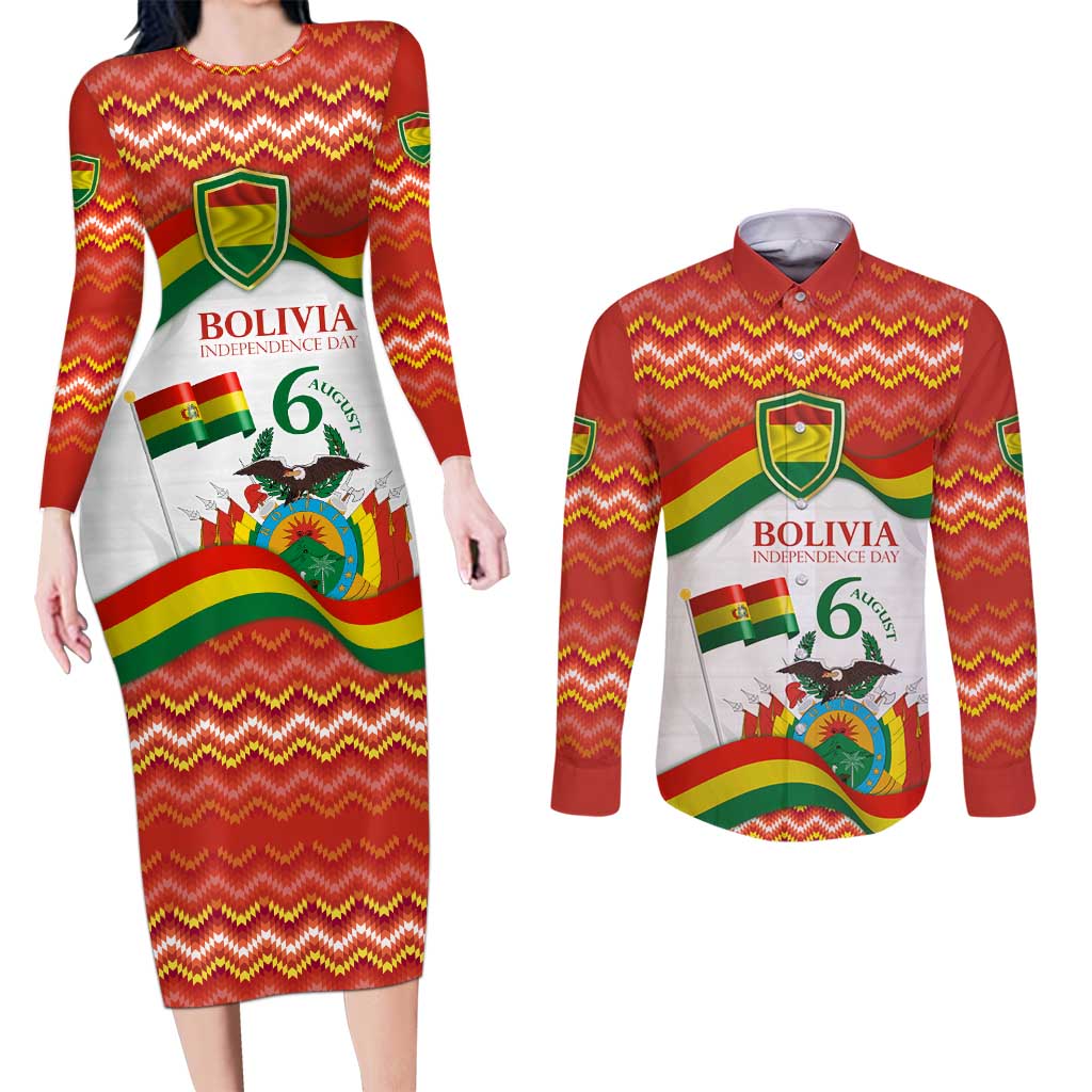 Bolivia Independence Day Couples Matching Long Sleeve Bodycon Dress and Long Sleeve Button Shirt with Flag Colors and August 6 Celebration Design