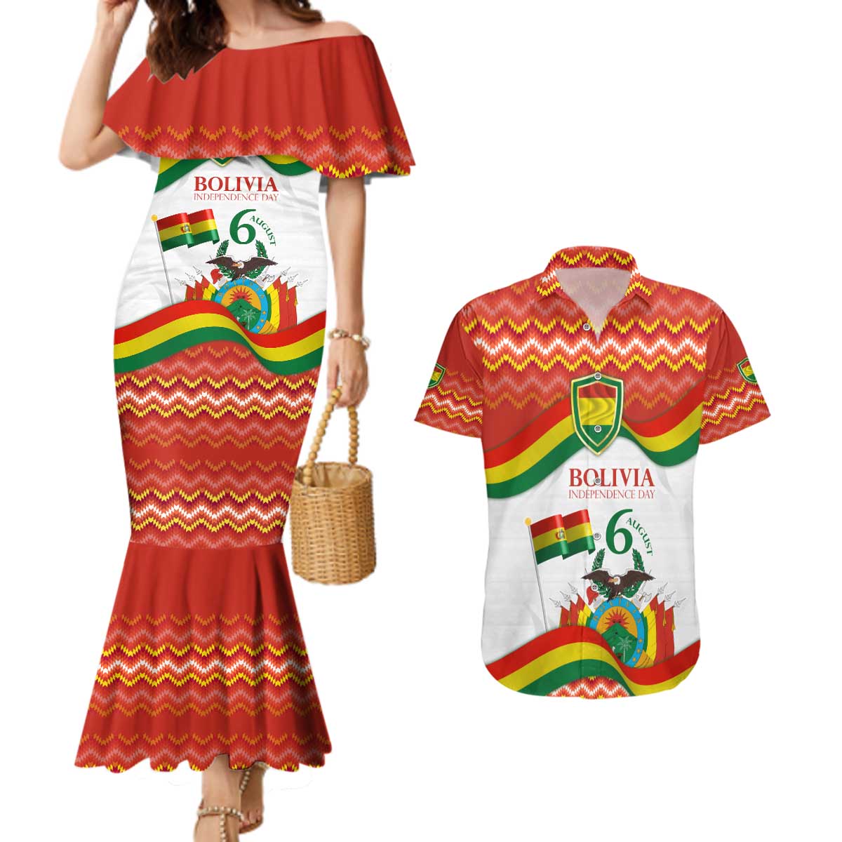 Bolivia Independence Day Couples Matching Mermaid Dress and Hawaiian Shirt with Flag Colors and August 6 Celebration Design