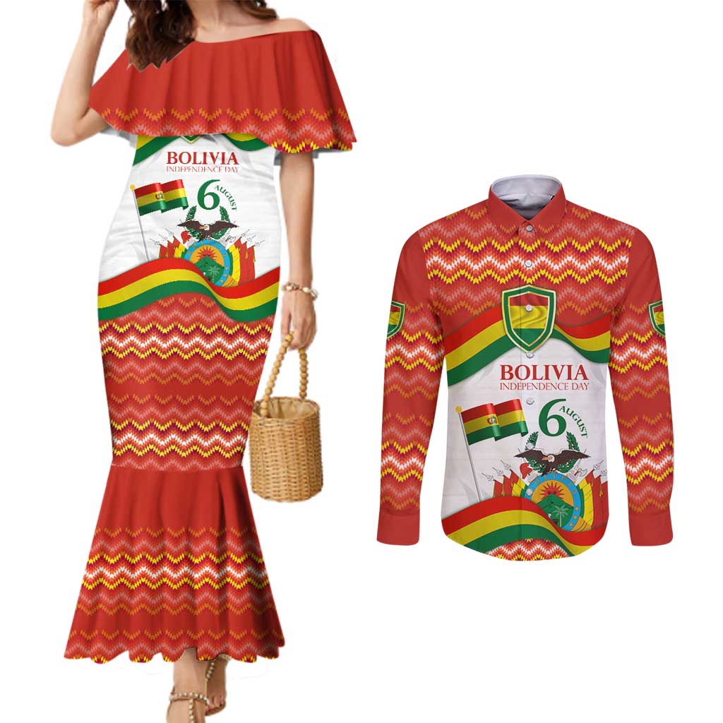 Bolivia Independence Day Couples Matching Mermaid Dress and Long Sleeve Button Shirt with Flag Colors and August 6 Celebration Design