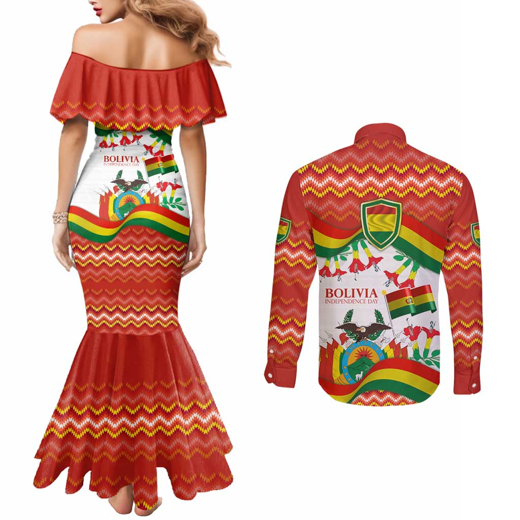 Bolivia Independence Day Couples Matching Mermaid Dress and Long Sleeve Button Shirt with Flag Colors and August 6 Celebration Design
