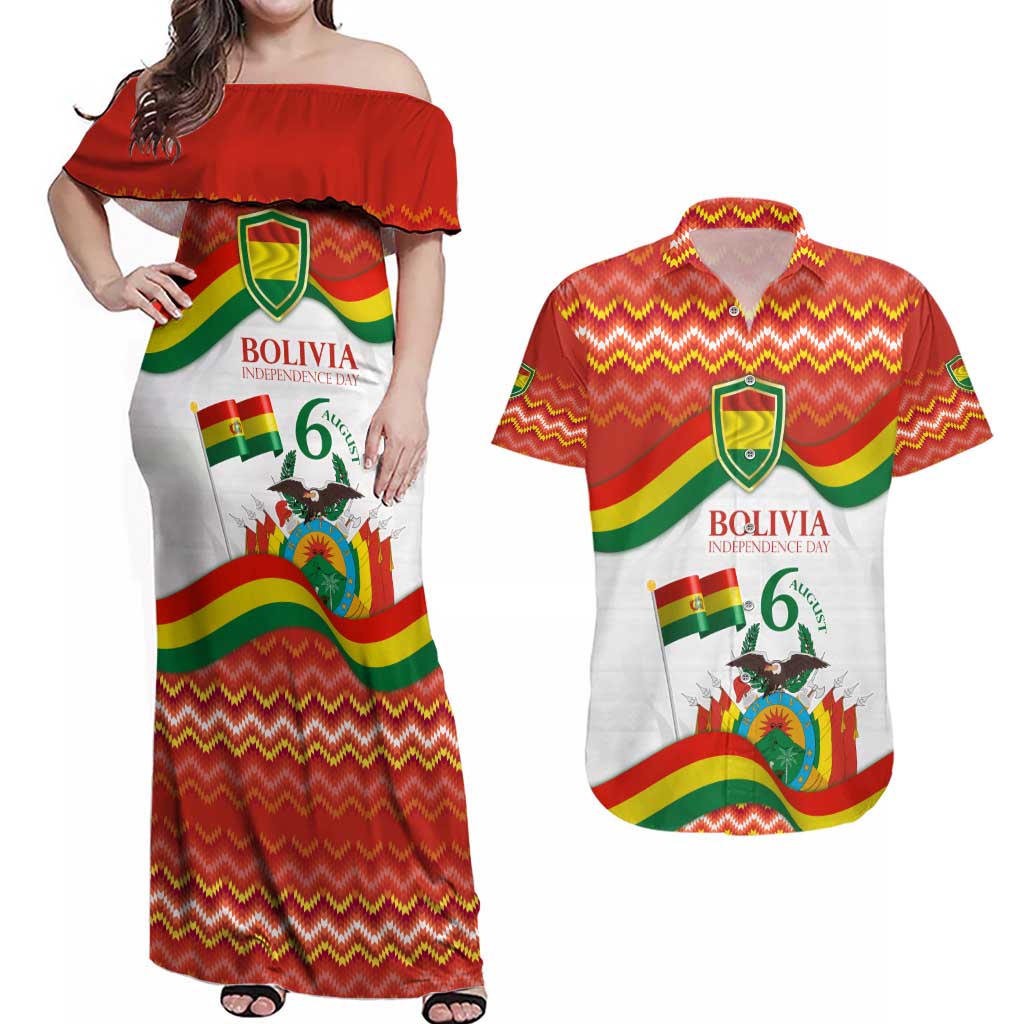 Bolivia Independence Day Couples Matching Off Shoulder Maxi Dress and Hawaiian Shirt with Flag Colors and August 6 Celebration Design