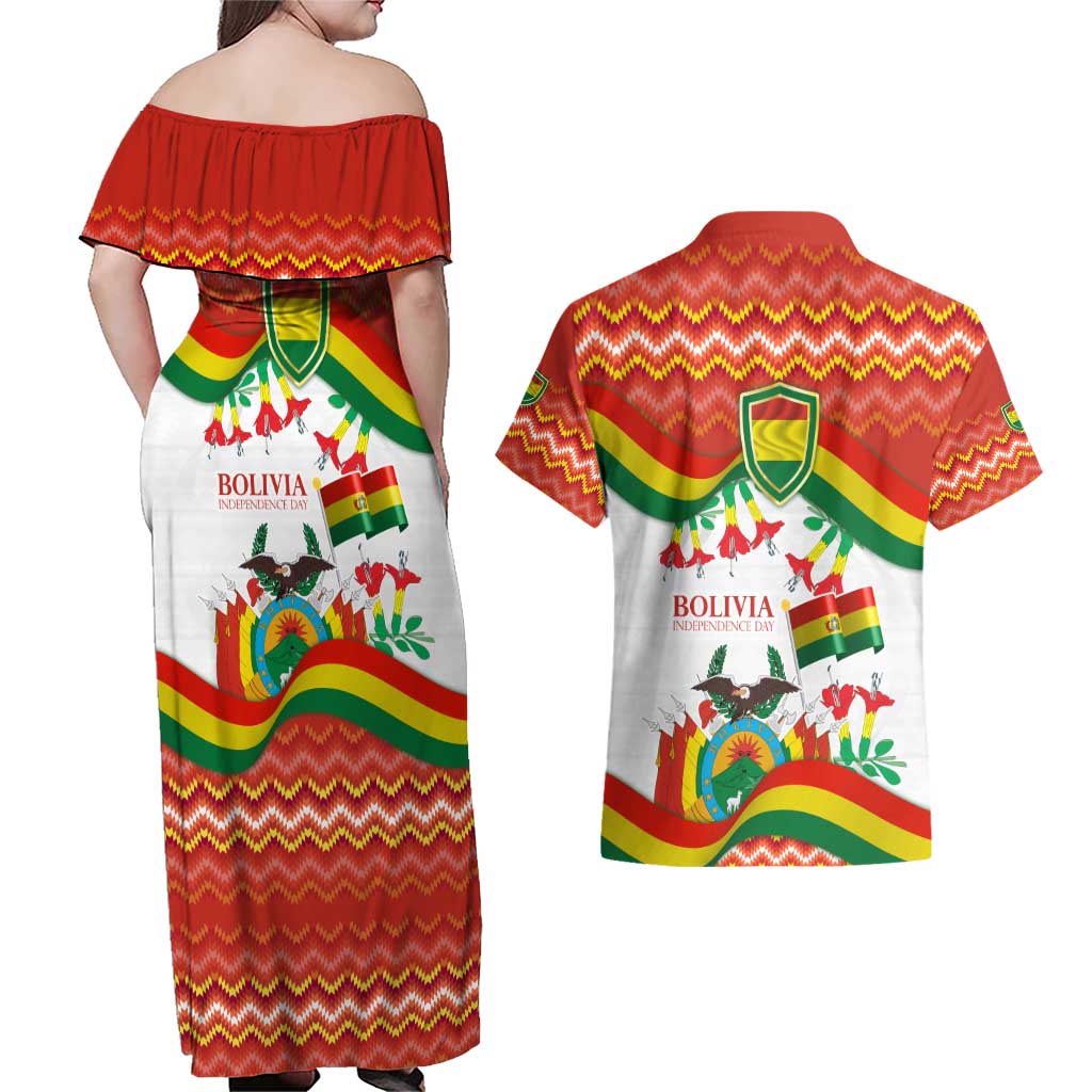 Bolivia Independence Day Couples Matching Off Shoulder Maxi Dress and Hawaiian Shirt with Flag Colors and August 6 Celebration Design