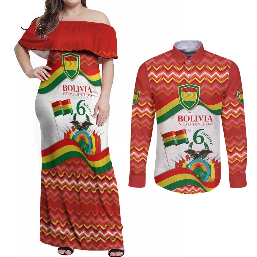 Bolivia Independence Day Couples Matching Off Shoulder Maxi Dress and Long Sleeve Button Shirt with Flag Colors and August 6 Celebration Design