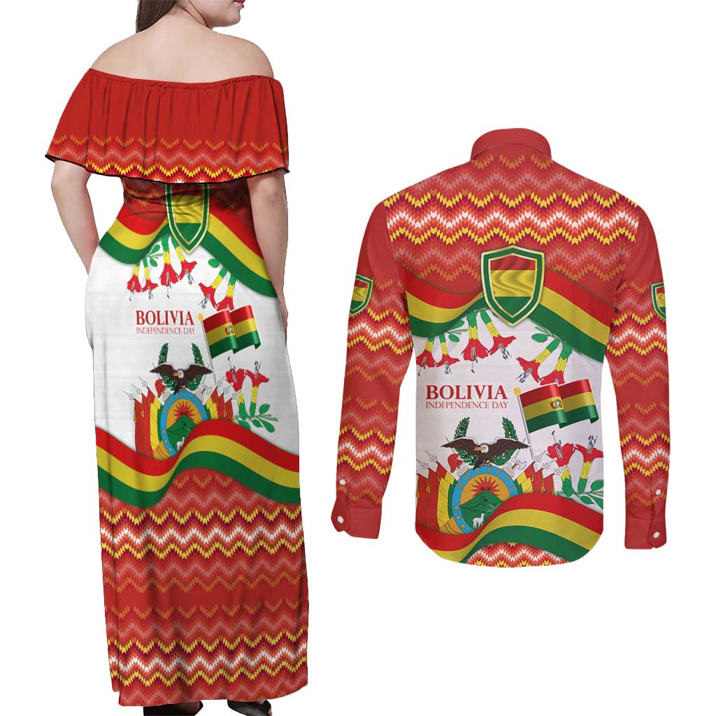 Bolivia Independence Day Couples Matching Off Shoulder Maxi Dress and Long Sleeve Button Shirt with Flag Colors and August 6 Celebration Design