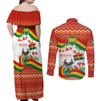 Bolivia Independence Day Couples Matching Off Shoulder Maxi Dress and Long Sleeve Button Shirt with Flag Colors and August 6 Celebration Design
