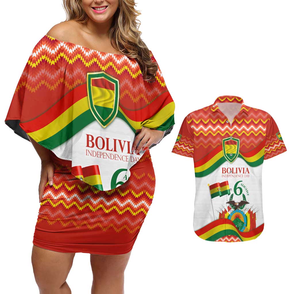 Bolivia Independence Day Couples Matching Off Shoulder Short Dress and Hawaiian Shirt with Flag Colors and August 6 Celebration Design