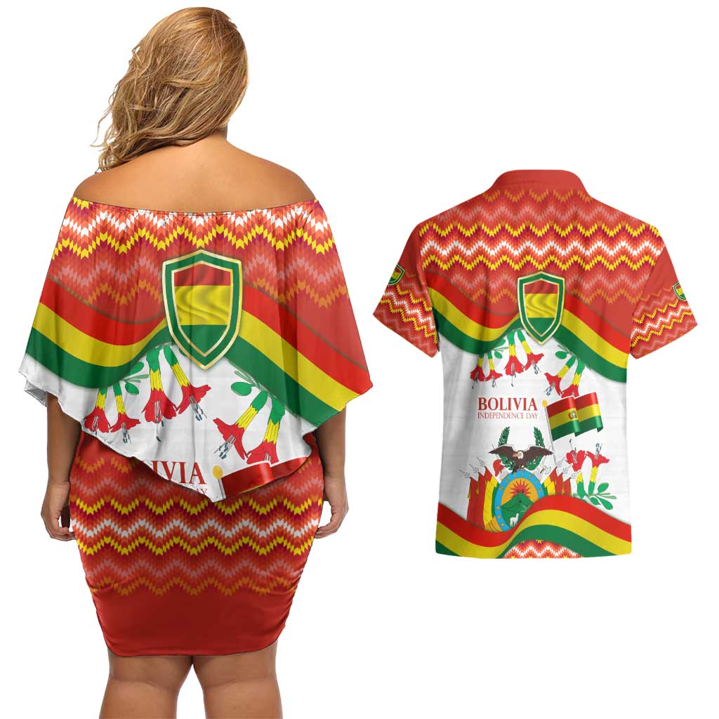 Bolivia Independence Day Couples Matching Off Shoulder Short Dress and Hawaiian Shirt with Flag Colors and August 6 Celebration Design