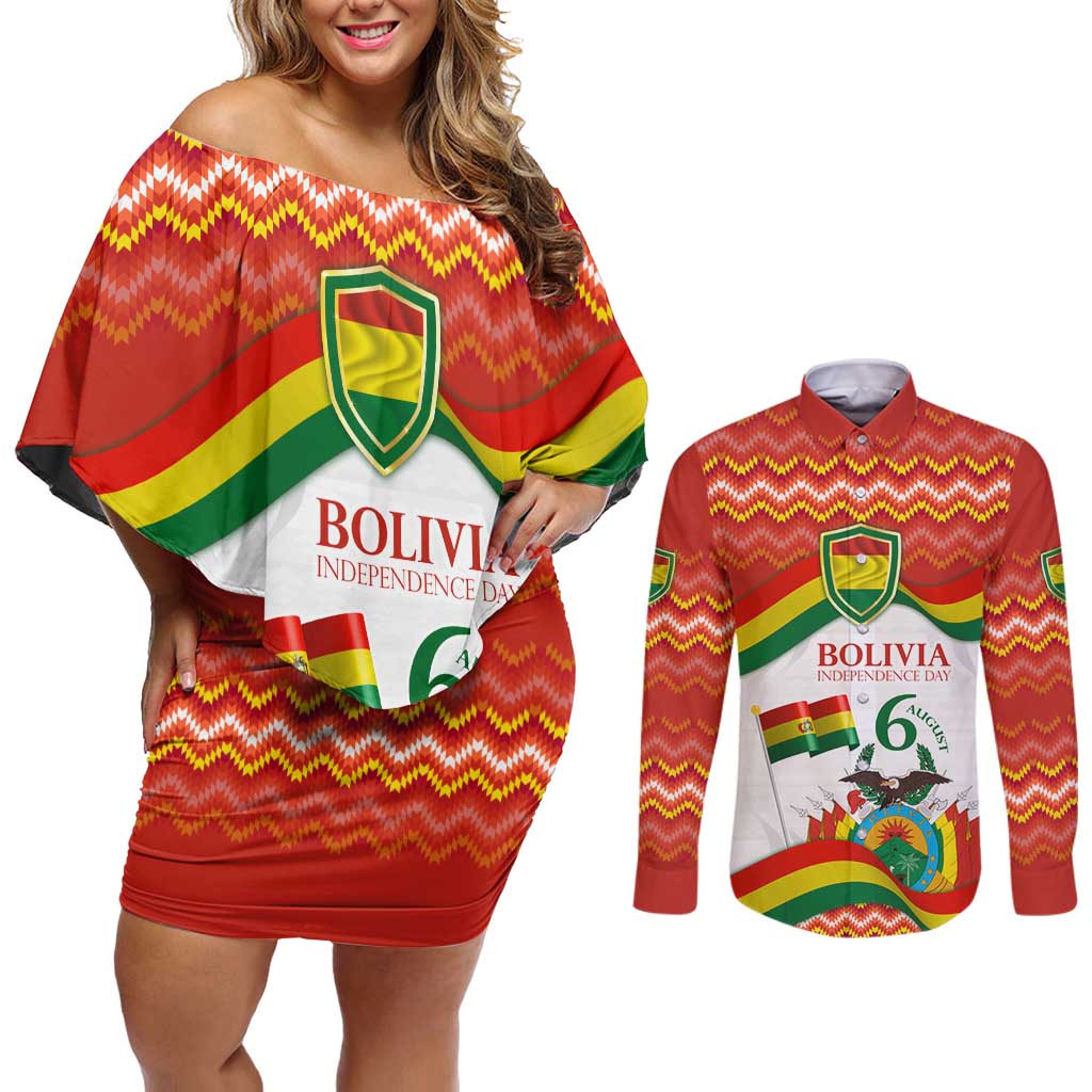Bolivia Independence Day Couples Matching Off Shoulder Short Dress and Long Sleeve Button Shirt with Flag Colors and August 6 Celebration Design