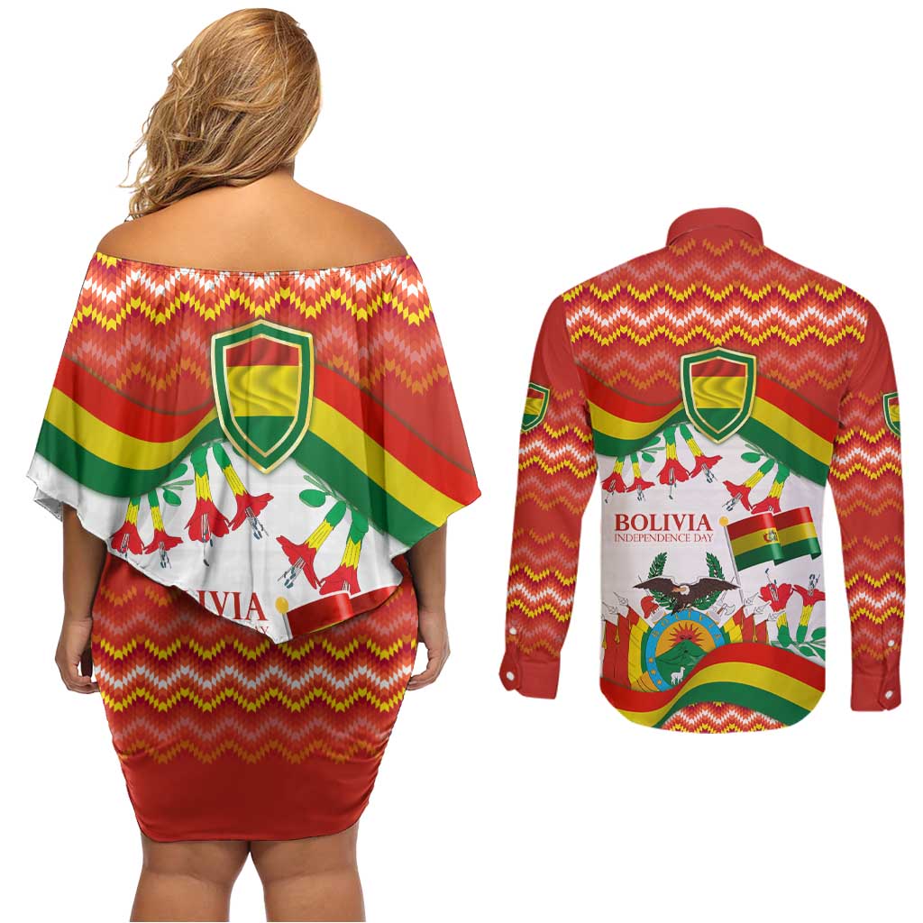 Bolivia Independence Day Couples Matching Off Shoulder Short Dress and Long Sleeve Button Shirt with Flag Colors and August 6 Celebration Design