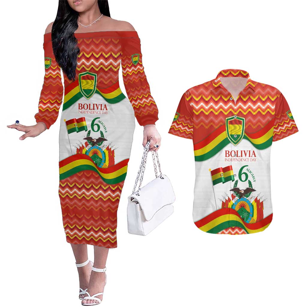 Bolivia Independence Day Couples Matching Off The Shoulder Long Sleeve Dress and Hawaiian Shirt with Flag Colors and August 6 Celebration Design