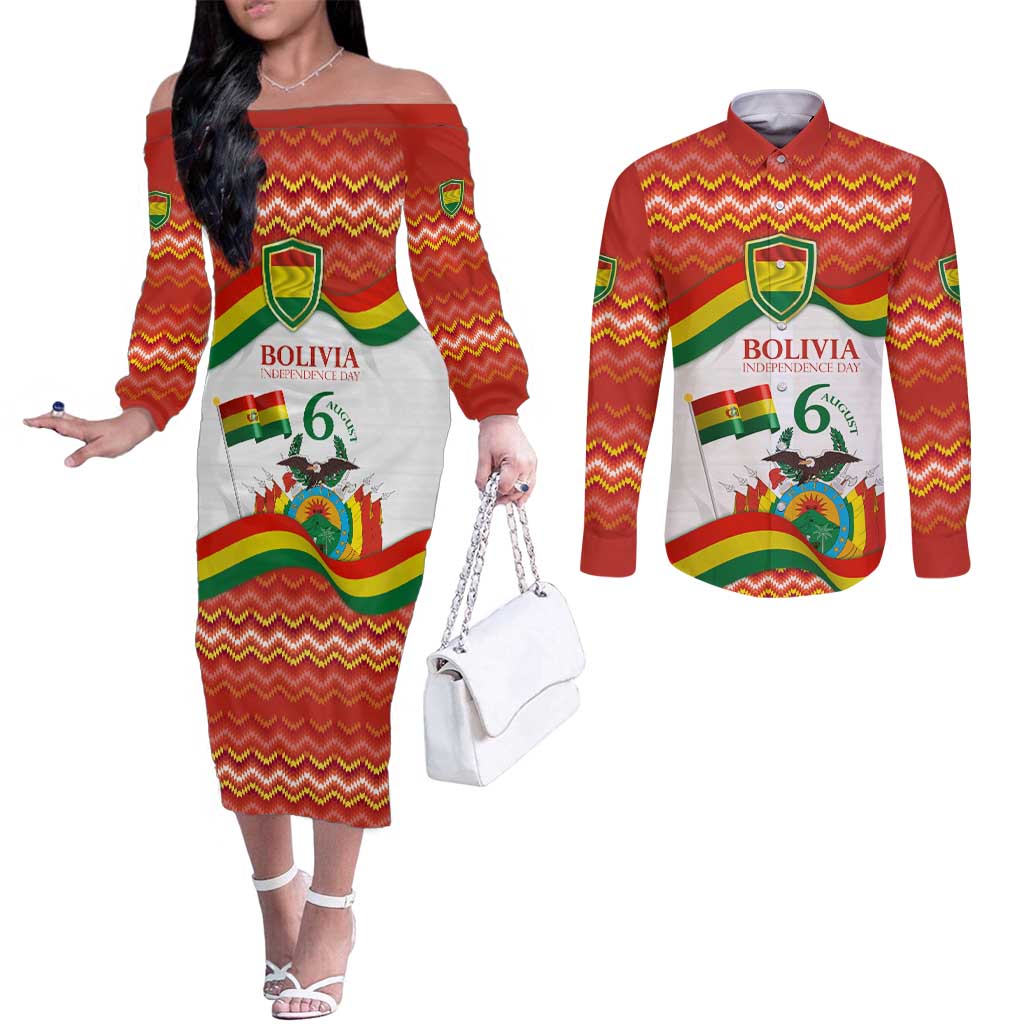 Bolivia Independence Day Couples Matching Off The Shoulder Long Sleeve Dress and Long Sleeve Button Shirt with Flag Colors and August 6 Celebration Design