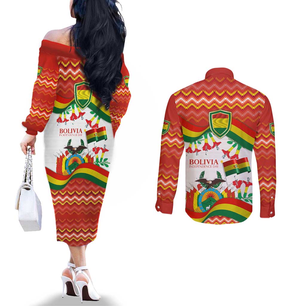 Bolivia Independence Day Couples Matching Off The Shoulder Long Sleeve Dress and Long Sleeve Button Shirt with Flag Colors and August 6 Celebration Design