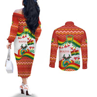 Bolivia Independence Day Couples Matching Off The Shoulder Long Sleeve Dress and Long Sleeve Button Shirt with Flag Colors and August 6 Celebration Design