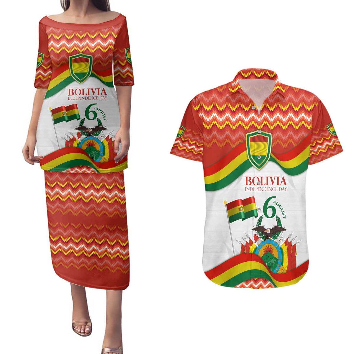 Bolivia Independence Day Couples Matching Puletasi and Hawaiian Shirt with Flag Colors and August 6 Celebration Design