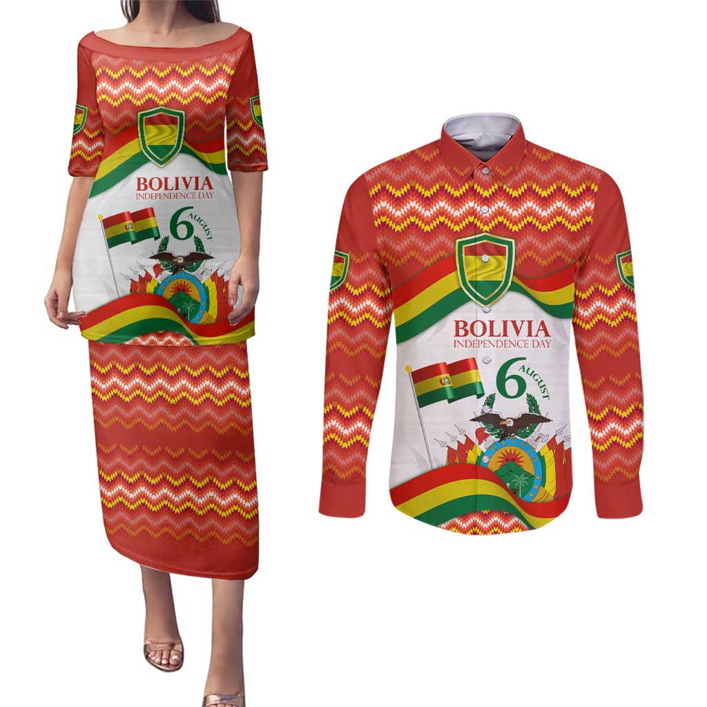 Bolivia Independence Day Couples Matching Puletasi and Long Sleeve Button Shirt with Flag Colors and August 6 Celebration Design