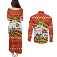 Bolivia Independence Day Couples Matching Puletasi and Long Sleeve Button Shirt with Flag Colors and August 6 Celebration Design