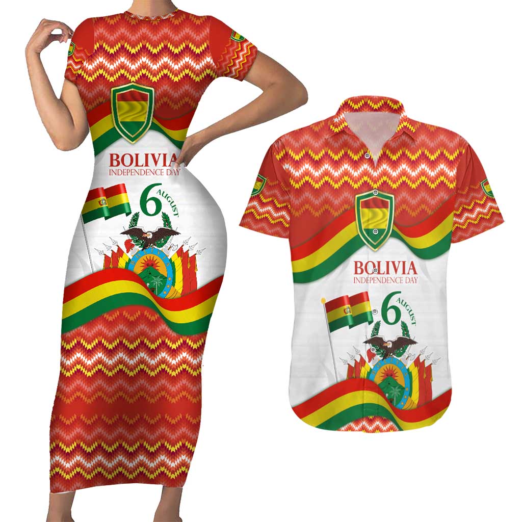 Bolivia Independence Day Couples Matching Short Sleeve Bodycon Dress and Hawaiian Shirt with Flag Colors and August 6 Celebration Design