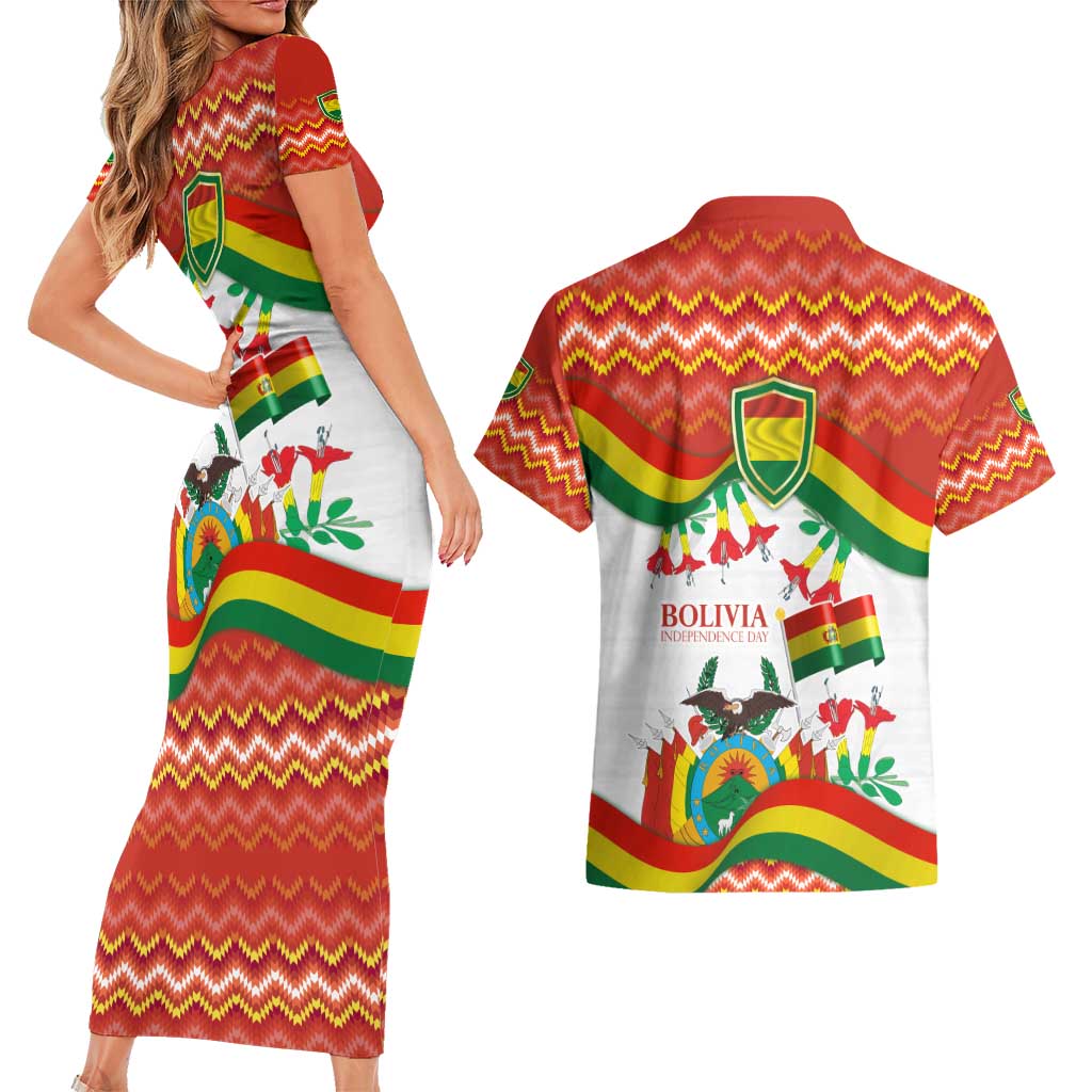 Bolivia Independence Day Couples Matching Short Sleeve Bodycon Dress and Hawaiian Shirt with Flag Colors and August 6 Celebration Design