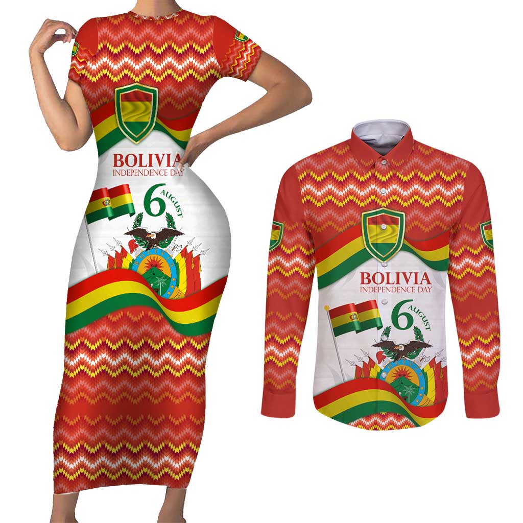 Bolivia Independence Day Couples Matching Short Sleeve Bodycon Dress and Long Sleeve Button Shirt with Flag Colors and August 6 Celebration Design