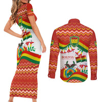 Bolivia Independence Day Couples Matching Short Sleeve Bodycon Dress and Long Sleeve Button Shirt with Flag Colors and August 6 Celebration Design