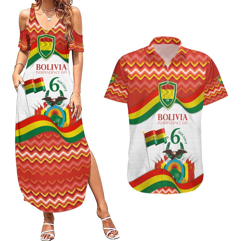 Bolivia Independence Day Couples Matching Summer Maxi Dress and Hawaiian Shirt with Flag Colors and August 6 Celebration Design