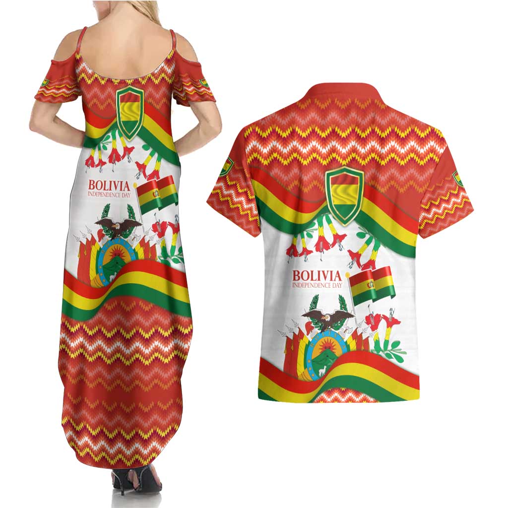 Bolivia Independence Day Couples Matching Summer Maxi Dress and Hawaiian Shirt with Flag Colors and August 6 Celebration Design