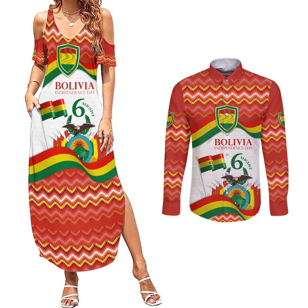 Bolivia Independence Day Couples Matching Summer Maxi Dress and Long Sleeve Button Shirt with Flag Colors and August 6 Celebration Design