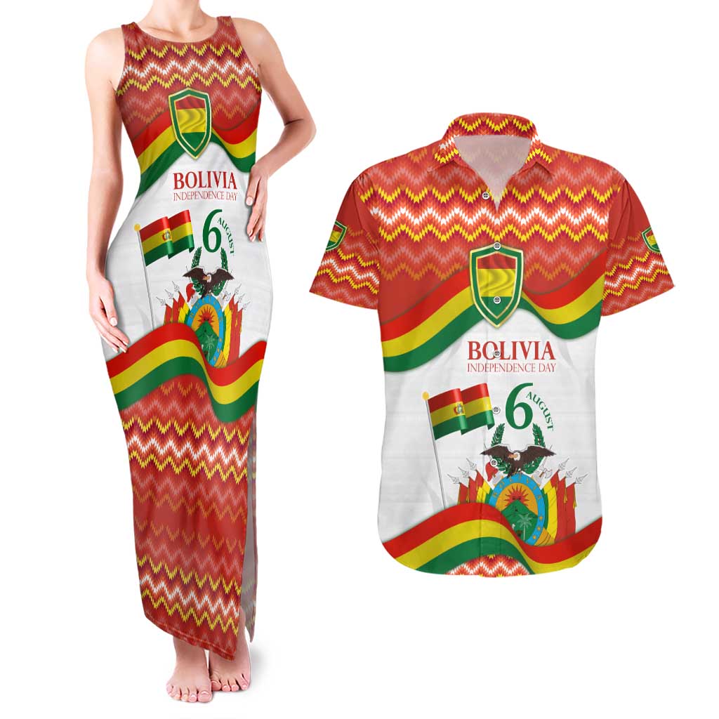 Bolivia Independence Day Couples Matching Tank Maxi Dress and Hawaiian Shirt with Flag Colors and August 6 Celebration Design