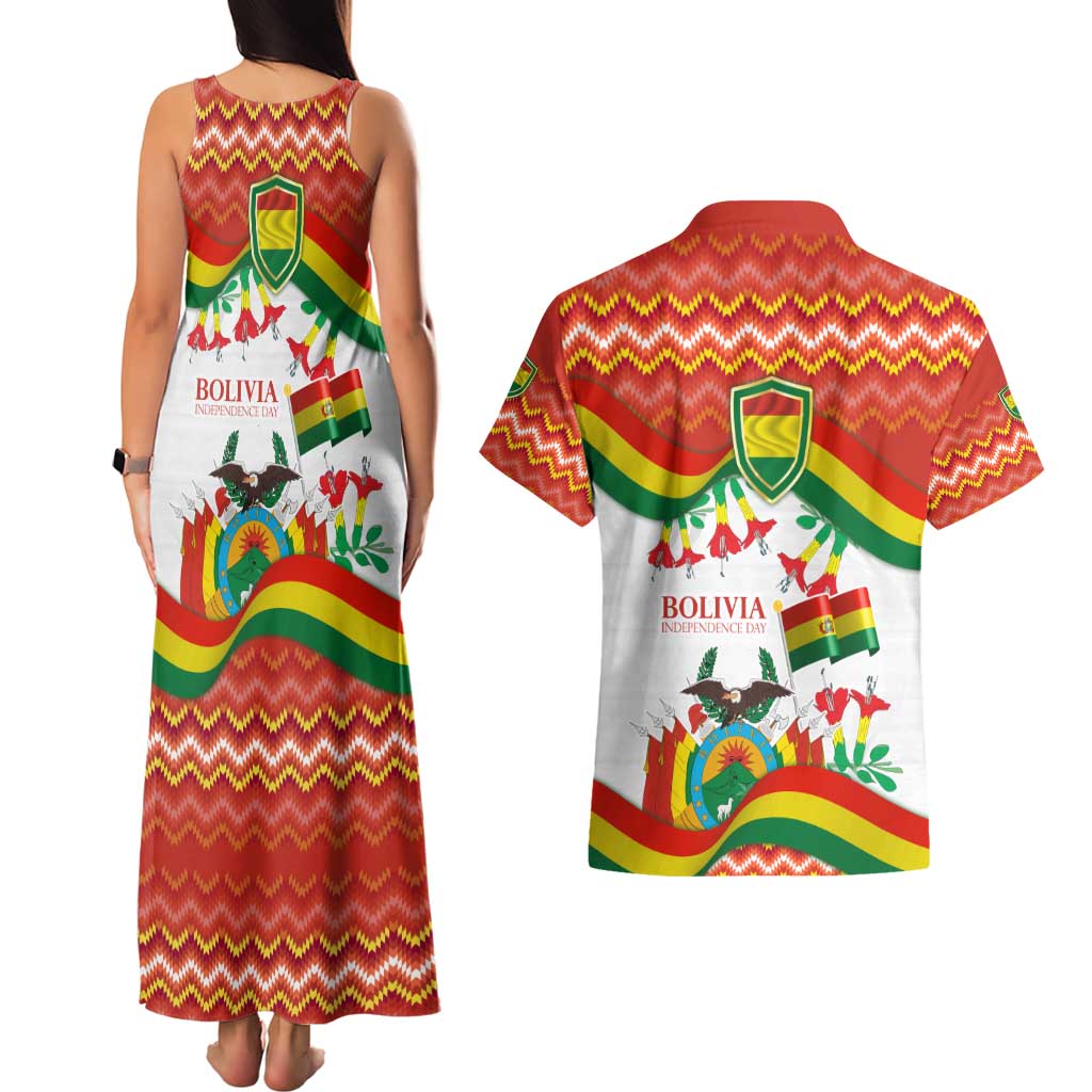 Bolivia Independence Day Couples Matching Tank Maxi Dress and Hawaiian Shirt with Flag Colors and August 6 Celebration Design