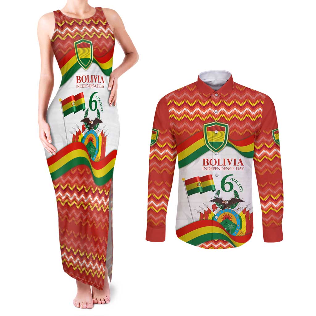 Bolivia Independence Day Couples Matching Tank Maxi Dress and Long Sleeve Button Shirt with Flag Colors and August 6 Celebration Design