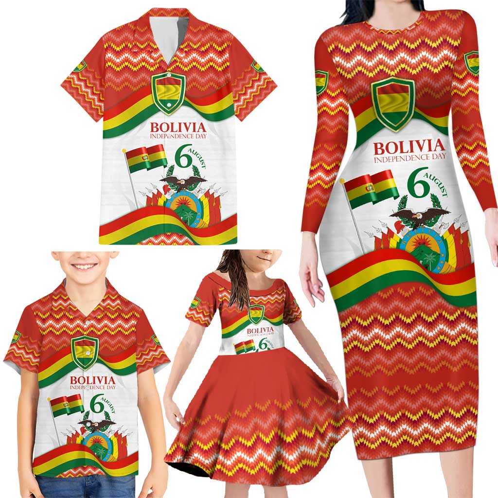 Bolivia Independence Day Family Matching Long Sleeve Bodycon Dress and Hawaiian Shirt with Flag Colors and August 6 Celebration Design