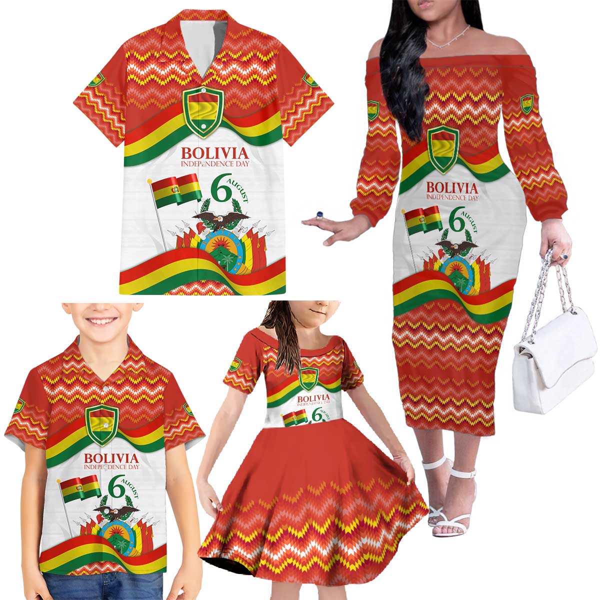 Bolivia Independence Day Family Matching Off The Shoulder Long Sleeve Dress and Hawaiian Shirt with Flag Colors and August 6 Celebration Design
